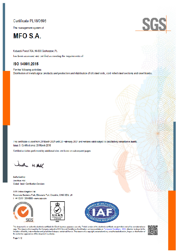 Ƶ S.A. Certyfikat ISO 14001:2015 ENG