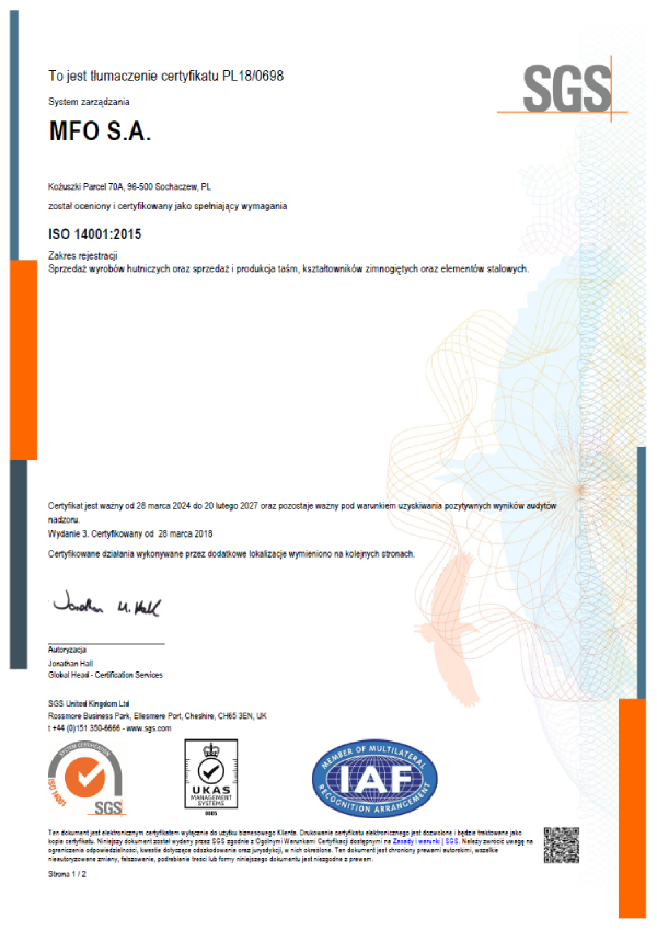 Ƶ S.A. Certyfikat ISO 14001:2015