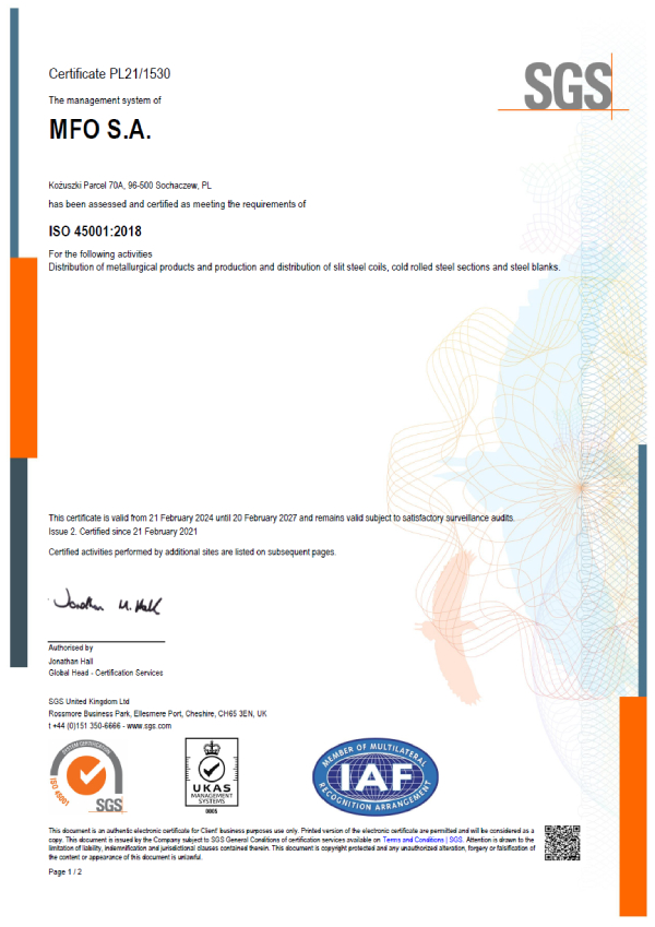Ƶ S.A. Certyfikat ISO 45001:2018 ENG
