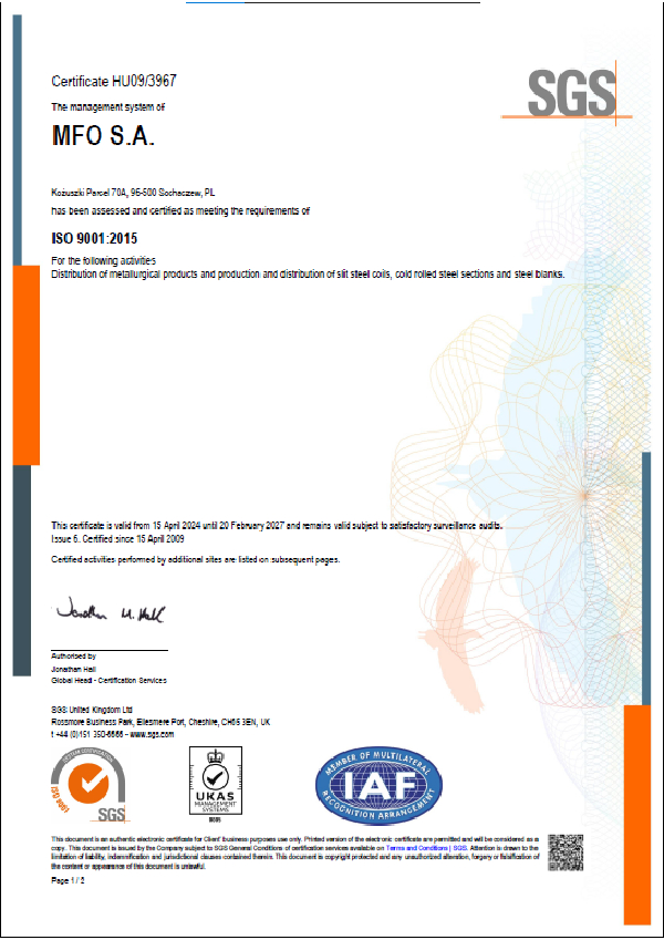 Ƶ S.A. Certyfikat ISO 9001:2015 PL